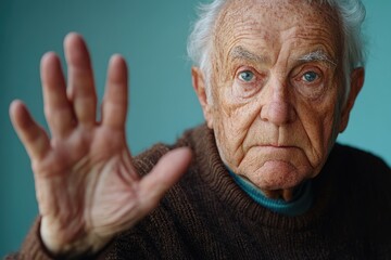 Senior man making stop sign with hand, expressing refusal