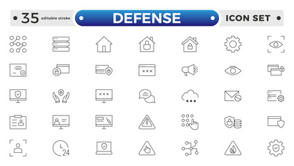 Set of Defense and security web icons in line style. Guard, cyber security, password, smart home, safety, data protection, key, shield, lock, unlock, eye access. Editable stroke outline icon.