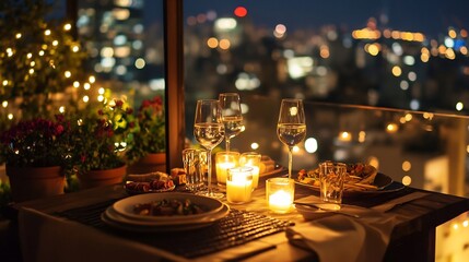 Romantic Night Dinner with City Lights View: Candlelit Table for Two on a Balcony