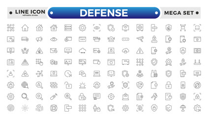 Set of Defense and security web icons in line style. Guard, cyber security, password, smart home, safety, data protection, key, shield, lock, unlock, eye access. Editable stroke outline icon.
