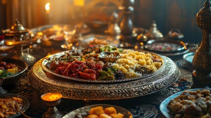 Naklejka premium An ornate platter displays a lavish array of delicious Indian cuisine