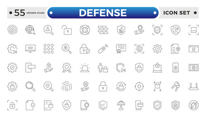 Set of Defense and security web icons in line style. Guard, cyber security, password, smart home, safety, data protection, key, shield, lock, unlock, eye access. Editable stroke outline icon.