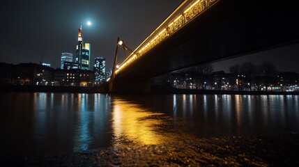 Obraz premium Night View of Frankfurt Skyline with Illuminated Bridge