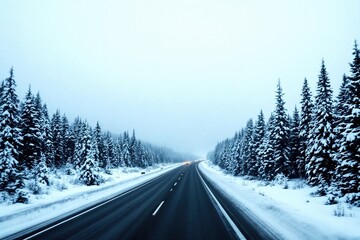Fototapeta premium Highway through snowy forest