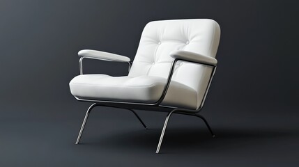 Elegant white leather chair, styled with metallic armrests, placed on a solid charcoal grey background.