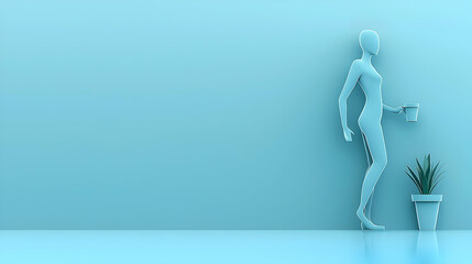 Obraz premium Woman holding cup, minimalist blue room, plant, copy space, modern design