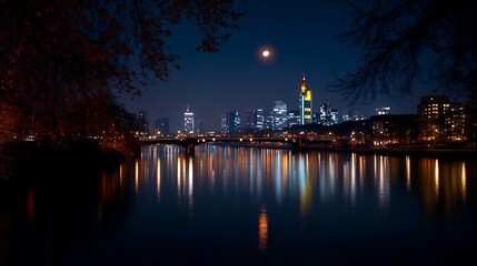 Obraz premium Night View of Frankfurt Skyline with Moon and River Reflections