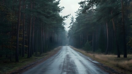 Fototapeta premium Road disappearing into the distance among tall pines, endless possibilities