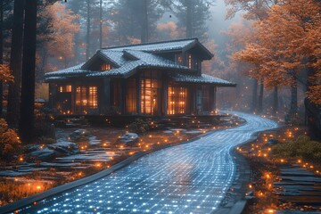 A futuristic home blending nature with holographic trees and glowing walkways in a VR simulation, merging modern tech and nature. Ideal for smart home design or promoting innovative VR tech.