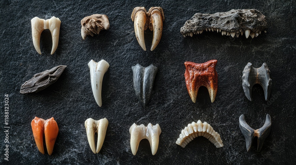 Poster fossilized teeth collection displayed on dark stone background