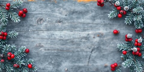Winter Wonderland Frosted Pine Branches with Vibrant Red Berries Against a Weathered Wooden Background