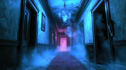 Mysterious Haunted Hallway with Fog and Eerie Lighting Effects