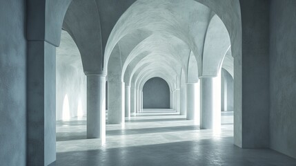Sunlit interior of a grand hall with arched ceilings and numerous columns.