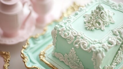 Elegant Mint Green Cake With Ornate White Decorations