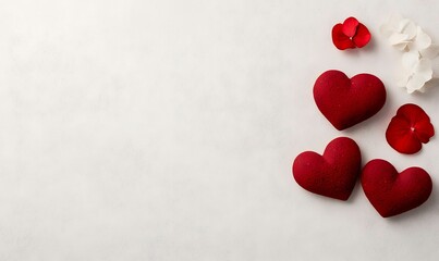 Fototapeta premium Red velvet hearts, flowers, white background; Valentine's Day card design