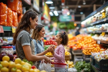 Worker helping mother and daughter grocery shopping in market