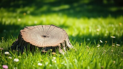 A weathered tree stump, surrounded by vibrant green grass and delicate white flowers, basks in the warm glow of sunlight.