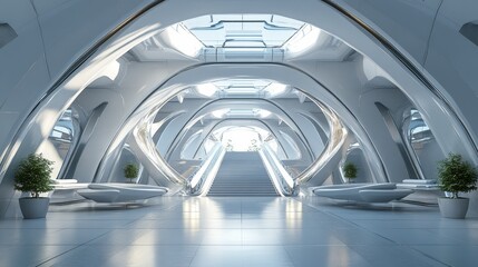 Obraz premium Futuristic white interior with stairs and plants.