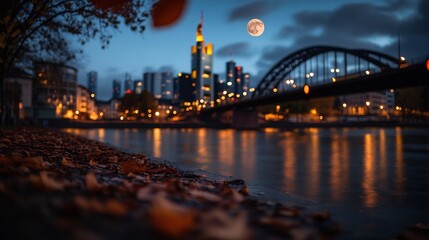 Autumnal Night in Frankfurt with Full Moon and City Skyline