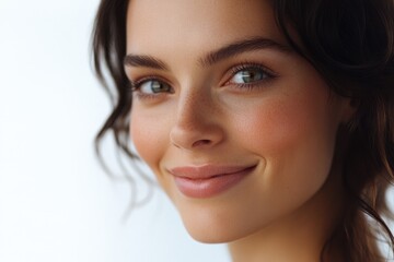 Fototapeta premium Close up portrait of smiling brunette woman on white background