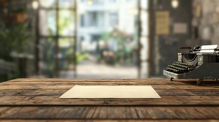 Vintage Typewriter on Wooden Table with Blank Paper Background