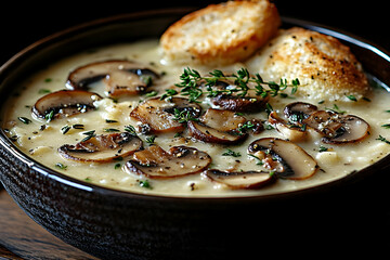Creamy Mushroom Soup with Toasted Croutons and Thyme