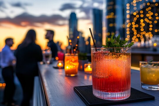 Rooftop bar sunset cocktails.