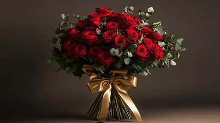 A Stunning Bouquet of Deep Red Roses Elegantly Tied with a Golden Ribbon, Perfect for Romantic Occasions or Special Celebrations