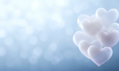 Fototapeta premium Soft white hearts float against a blurred blue bokeh background, perfect for Valentine's Day or romantic designs
