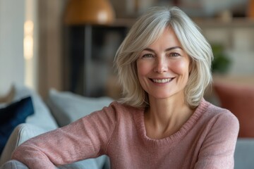 Lovely middle aged blond woman with a beaming smile sitting on a sofa at home looking at the camera