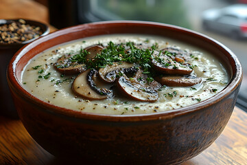 Creamy Mushroom Soup in Rustic Bowl, Garnished with Parsley and Roasted Mushrooms