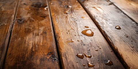 Water stains are visible on the wooden table, highlighting the effects of moisture on the wooden table surface. These water stains can impact the overall appearance of the wooden table.