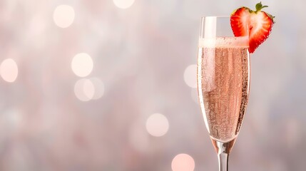 Sparkling Ros? Champagne with Strawberry Garnish, Festive Bokeh Background, Celebration Drink