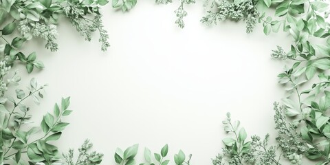 Obraz premium Tranquil green foliage set against a soft white backdrop forms a circular arrangement resembling a wreath made of leaves and flowers, featuring an open area at its center.