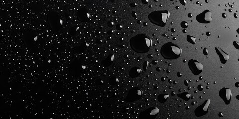 Fototapeta premium Water drops on black glass create a captivating design that enhances any overlay layer. This striking background features intricate details of water drops on black glass for stunning visual impact.