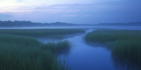 Fototapeta premium Twilight blankets the fog laden salt marsh, creating a serene atmosphere where the mysterious beauty of twilight enhances the tranquility of the salt marsh landscape.