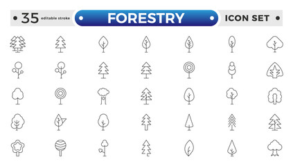 Tree and Forest outline Icon Pack. Modern Collection for Design, Web Sites, Apps, Cards. Contains Linear Images of Deciduous and Coniferous Trees. Editable stroke outline icon.
