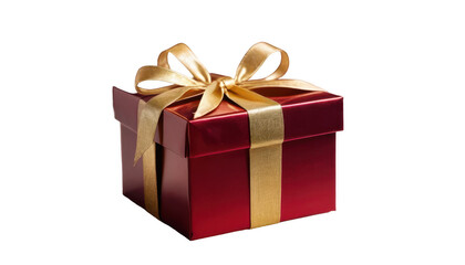 A beautifully wrapped gift box in deep red with a sparkling gold ribbon, 