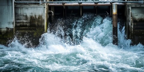 A close up of an old metal water lifting dam situated on a large river featuring a turbulent current highlights the structure and its interaction with the powerful water flow.