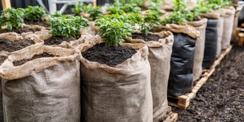 Row of nursery bags filled with ash, prepared for planting, showcasing a well organized display of ash filled bags ready for horticultural use and cultivation.