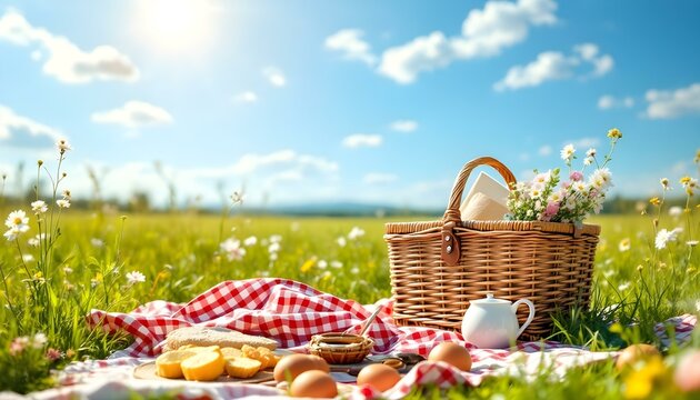 A picnic basket encircled by blossoming daisies in a sunlit spring meadow, beckoning a delightful outdoor gathering