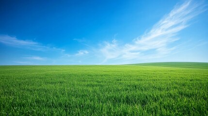 Vibrant green field under a clear sky provides an ideal setting, offering ample copy space for creative projects. This green field and clear sky create a refreshing and inviting atmosphere.