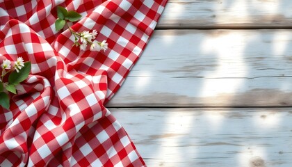 Obraz premium A vibrant red and white gingham fabric laid on a wooden table, evoking the spirit of a spring picnic