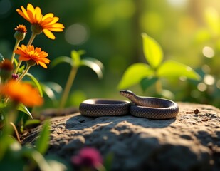 Small Snake Coiled on a Sunlit Rock Amid Vibrant Flowers