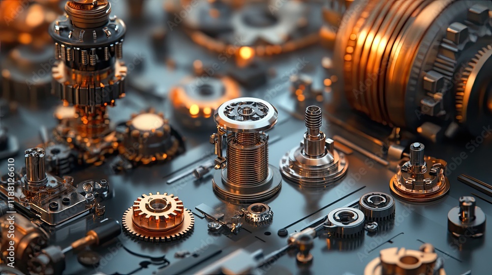 Poster robotic components, including gears and actuators, arranged in an artistic pattern on a glossy surfa