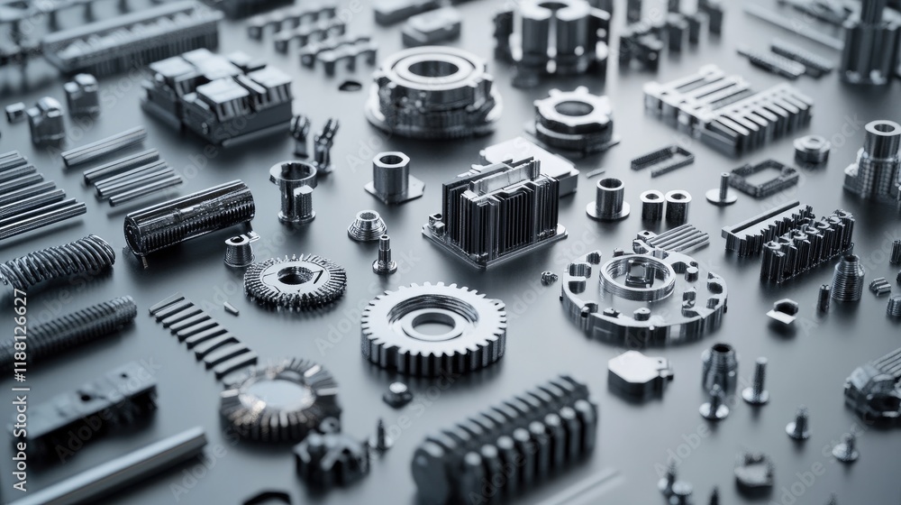 Poster robotic components, including gears and actuators, arranged in an artistic pattern on a glossy surfa