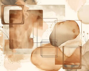 Abstract vector artwork with watercolor shapes and frames, using brown and beige colors to highlight modern design aesthetics.