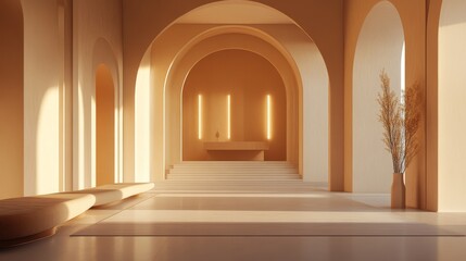 Sunlit hallway with arches, beige walls, and minimalist decor.