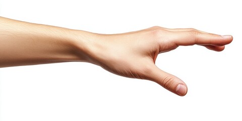Fototapeta premium A hand gripping an object is showcased in this image, isolated on a white background. The hand effectively illustrates the act of holding or picking something up, with a clean clipping path included.