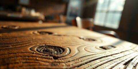 Close-up of a wooden table with knots and grain, soft light from a window casting a warm glow on the surface